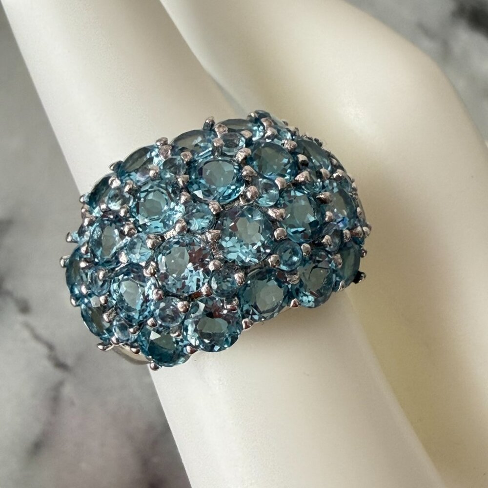Super Sparkling 925 Sterling Silver Blue Topaz Cluster Dome Ring